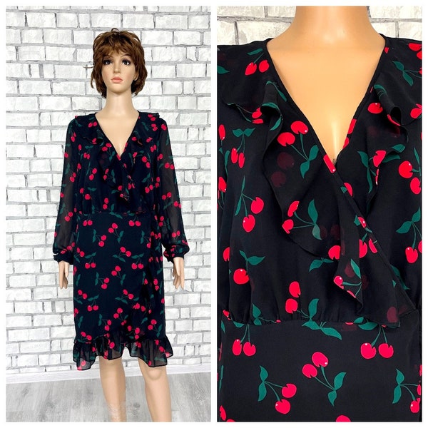 cherry dress vintage cherry print clothing evening dress XL wrap dress casual Dress patty Dress party dress Ruffle dress boho dress