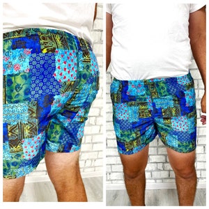 90s boardshorts Vintage mens shorts swimming shorts blue patchwork shorts Retro Shorts swim trunks beach summer shorts boho hippie shorts L