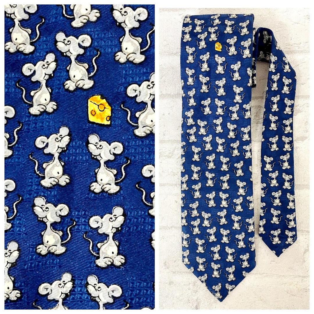 Wedding Tie Navy Blue Tie Cheese Print Tie Mouse Necktie Mouse Tie Vintage Mens Necktie Mens Tie