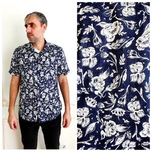 hawaiian shirts aloha shirt mens Shirt M mens floral shirt boho shirt hibiscus print shirt mens Hawaiian Print Hippie shirt beach shirt blue