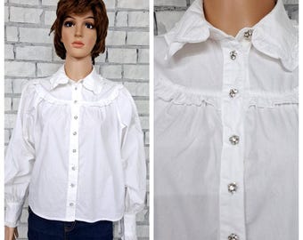 womens Blouse L/XL white lace blouse Victorian Clothing Victorian Blouse Collared Ruffle peter pan collar Victorian style formal blouse