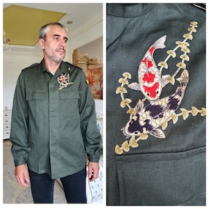 UNISEX khaki shirt L Belgium shirt Military Shirt  Belgium Uniform shirt Vintage fish print shirt Army shirt Workshirt