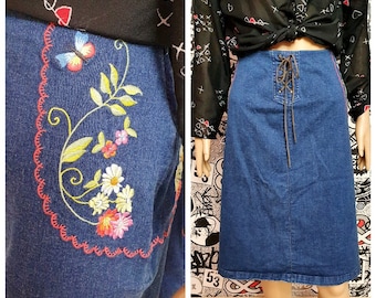 Jeans Skirt XL Embroidered skirt  Denim skirt  womens skirt midi skirt Embroidery Denim skirt Vintage Boho skirt pencil Skirt