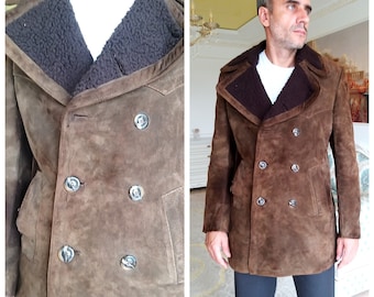 mens coat L mens sheepskin coat Overcoat mens leather coat winter coat Brown suede coat Brown Leather coat shearling coats