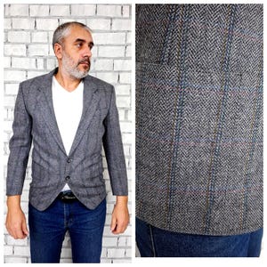 Blazer de hombre M Blazer de tweed gris Chaquetas de hombre de los años 80 Abrigo de lana vintage para hombre Chaquetas de lana para hombre Chaqueta a cuadros Chaqueta de tartán