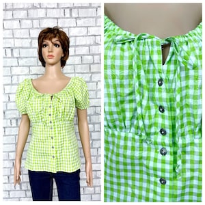 neon green Gingham Shirt Gingham Dirndl Blouse Gingham Blouse dirndl top Bavarian shirt Octoberfest shirt Octoberfest Blouse  cotton shirt L