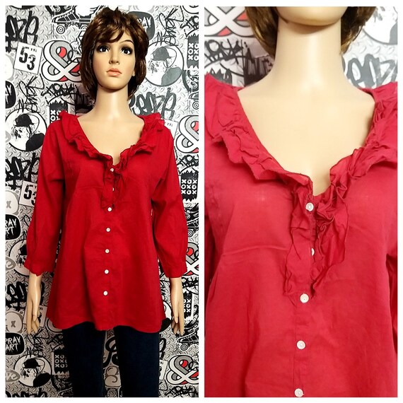 red blouse red Ruffle blouse Victorian Blouse Vint