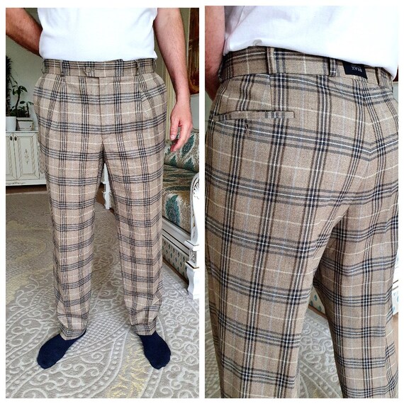 Mens Wool Pants 2XL Retro Pants Mens Pants Checkered Pants Plaid Pants Vintage Tartan Pants Golf Pants Beige Pleated Pants Plaid Trousers Etsy UK