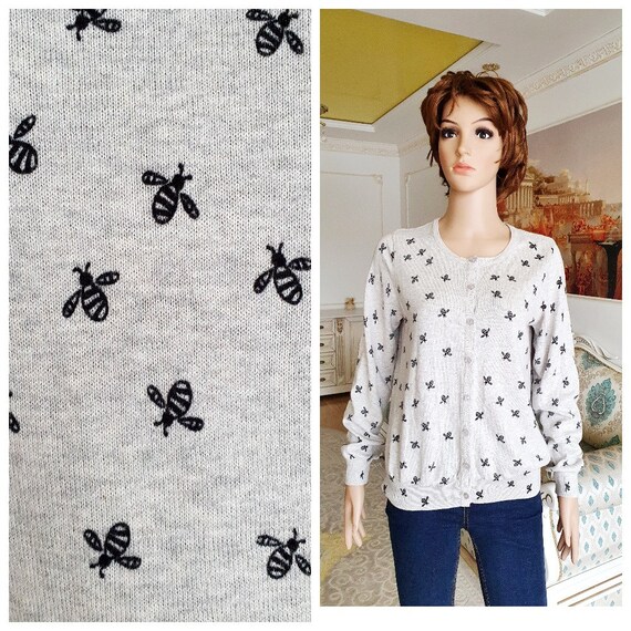 Womens Sweater Bee Print Sweater Womens Cardigan Bee Cardigan Knitted Sweater Knitted Cardigan M Gray Cardigan Womens Top Bee Top
