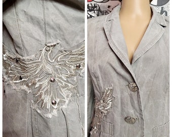 bird print jacket Vintage gray blazer womens jacket women blazer bird print blazer Ladies jacket gray jacket steampunk jacket M