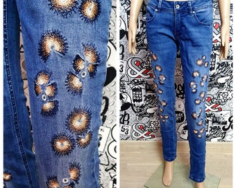 Skinny FLoral ricamato jeans pantaloni blu denim pantaloni blue