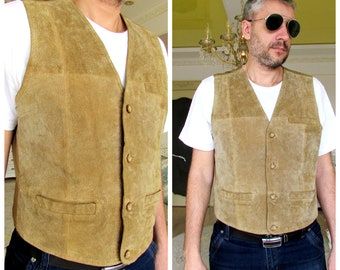 90s Mens Leather Vest Brown Leather Clothing Cowboy Vest Vintage Mens Vest Leather Vest Western Vest brown Vest suede Vest M
