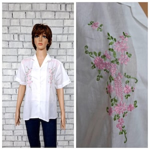 womens shirt M Floral embroidered blouse flower Pink embroidery shirt floral shirt White Pink blouse   embroidery  blouse