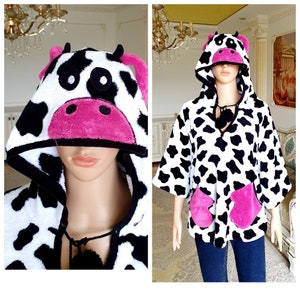 Estampado de vaca UN talla PONCHO de vaca Poncho de mujer Ropa de vaca Disfraz de vaca Disfraz de Halloween Poncho blanco negro Poncho con capucha Poncho con capucha
