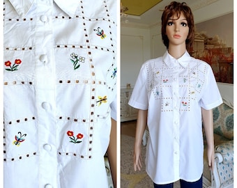 womens shirt XL Floral embroidered blouse flower embroidery shirt floral shirt White blouse  BUTTERFLY print embroidery BUTTERFLY  blouse