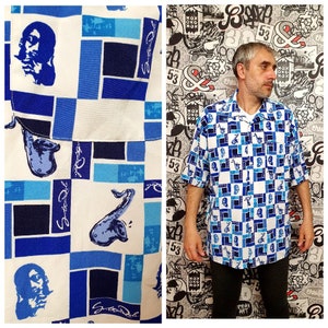 musician gift blue white shirt mens Shirt Saxophone print shirt boho shirt Music shirts jazz shirt  Abstract print shirt 2XL