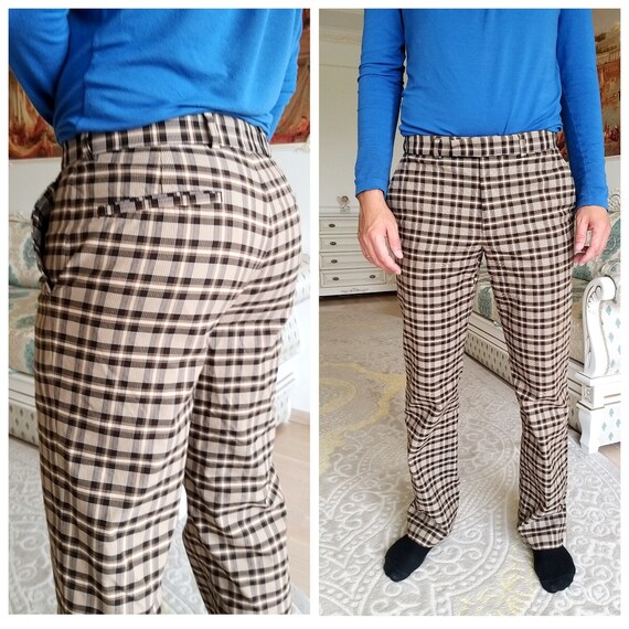 Brown Plaid Pants L Retro Pants Mens Pants Cotton