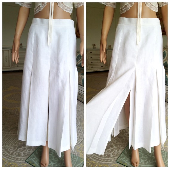 White Linen skirt Pleated Skirt white long skirt W
