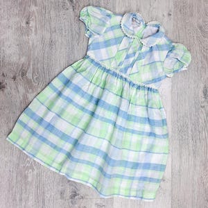 2T blue green Plaid  linen Collared dress toddler Tartan dress birthday dress Baby dress girl Kids dress  child dress party dress