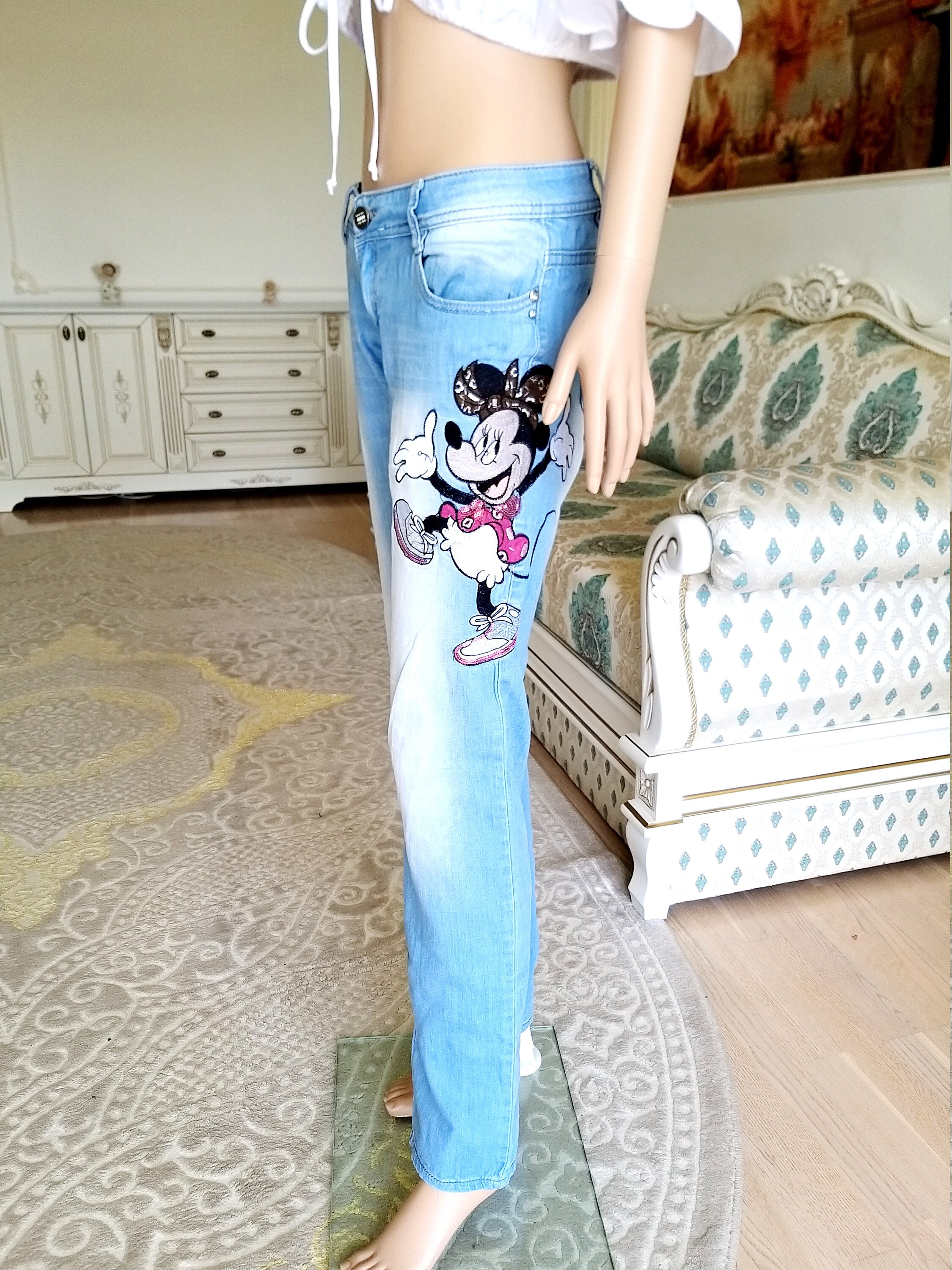 Mickey Mouse print pants embroidered jeans pants denim pants | Etsy