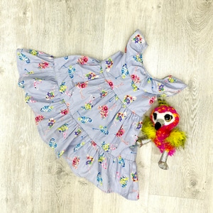 12-18 mois robe bleue enfants robe imprimée flamant rose robe d&#39;anniversaire robe fille robe imprimée oiseau robe enfant en bas âge tenue d&#39;été robe d&#39;été