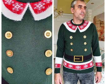 ugly sweater Holiday Gift Christmas sweater Winter warm sweater green Holiday sweater Holiday jumper Elf Sweater Elf jumper M Elf Costume