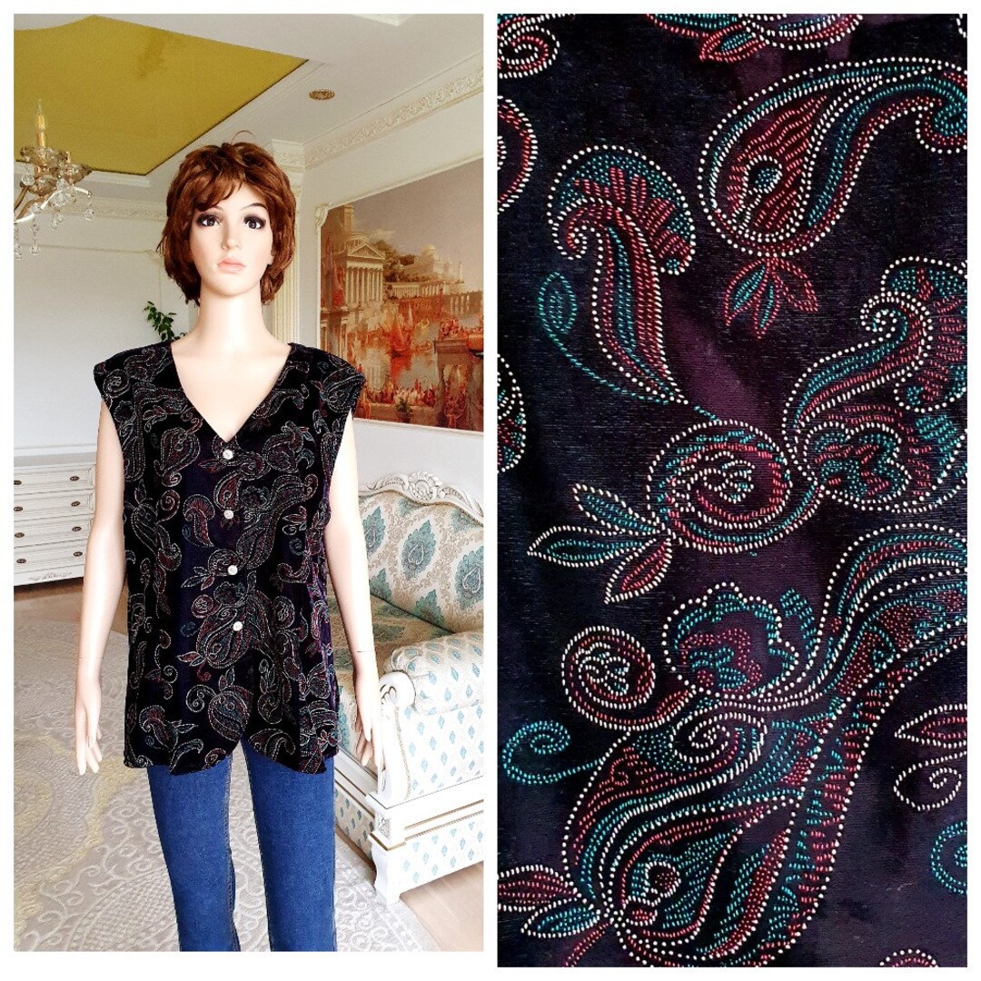 Paisley Print Vest Womens Velvet Vest Vintage Black Velvet Etsy