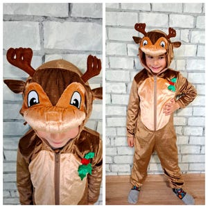 Kids Plush Reindeer Costume - Brown Faux Fur Jumpsuit With Hood & Shoe Covers, Size Large