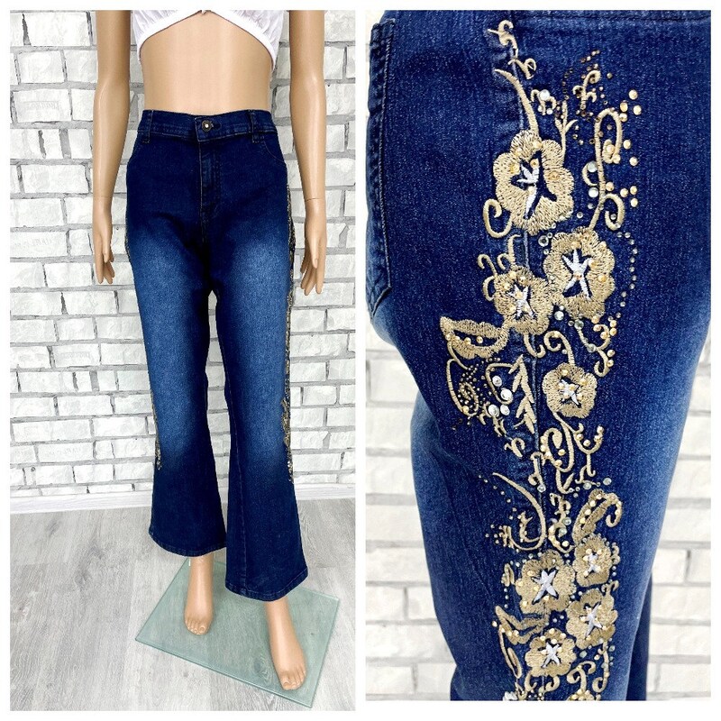 Denim Jeans with Cut-Out Detailing and Beaded Fringe - Blue