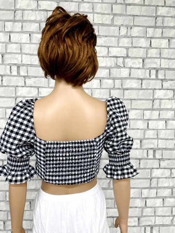 black white Gingham Shirt M/L Gingham Dirndl Blou… - image 5