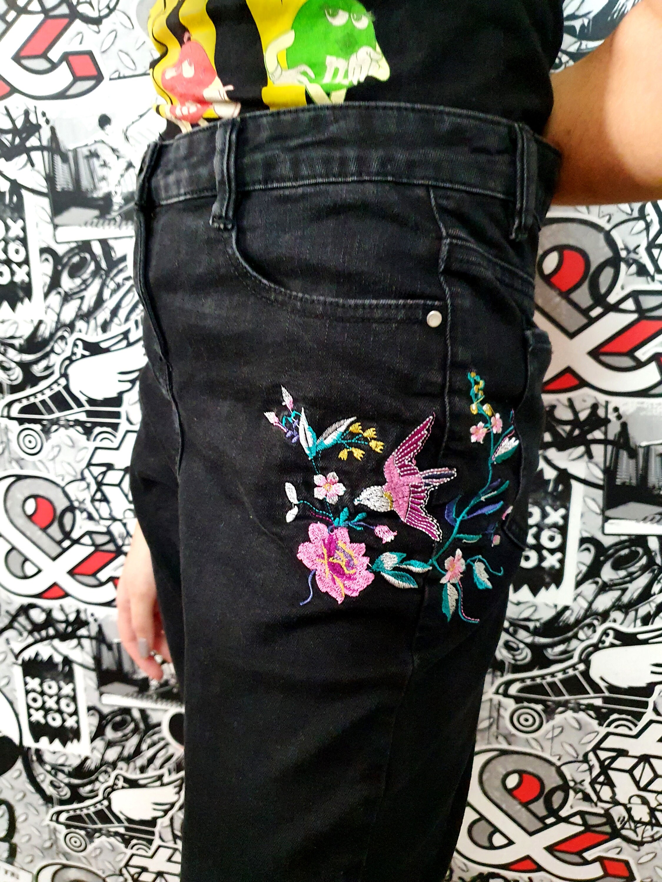Skinny Floral Embroidered Pants Black Denim Pants Stretch Etsy