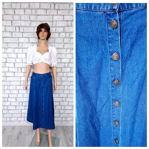 button up skirt Maxy Denim skirt womens skirt Long skirt blue Denim skirt Vintage casual  skirt Jeans Skirt XL