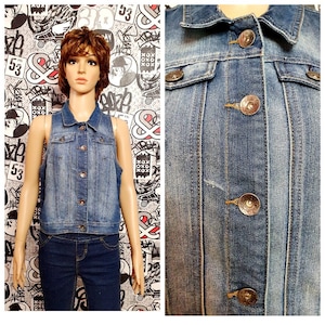 womens denim Vest Vintage BLUE denim Top BLUE jeans Top jeans Vest M cotton Top womens Vest waistcoats Retro Vest jeans Vest cotton Vest M