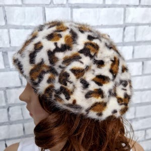 Leopard Print Angora French Beret Hat ZLYC Womens Rabbit Fur French Beret Hat Leopard Print Brown  main image 2