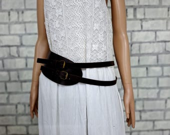 Southwestern Boho Genuine Leather Belt Sz. M Black Brown Woven detail 1.5\