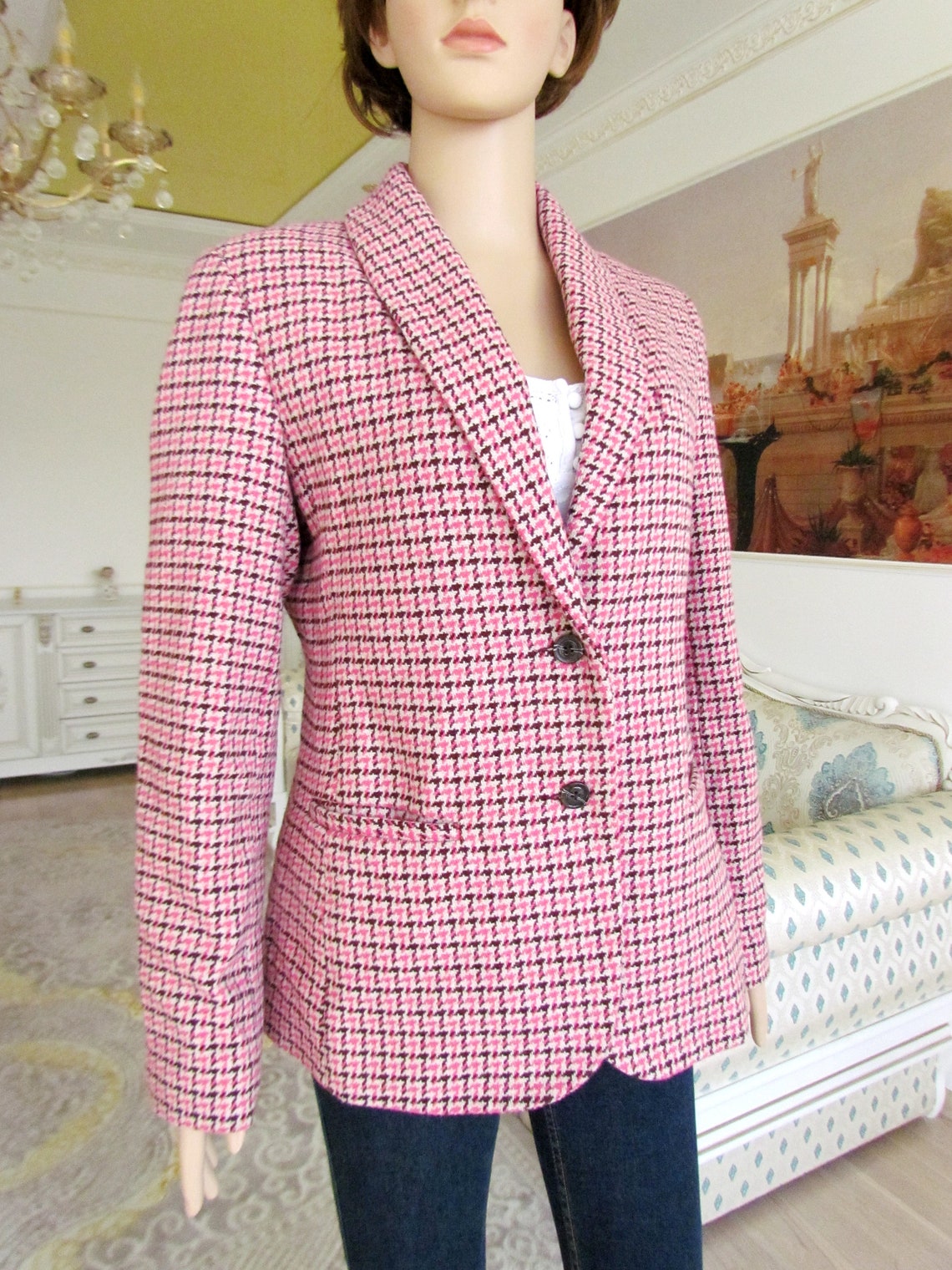 Button jacket Womens checkered jacket pink wool jacket wool Etsy