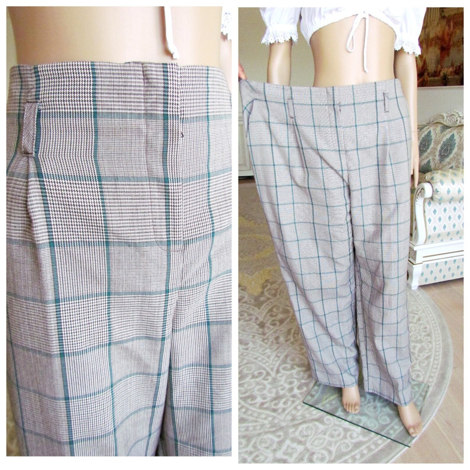 GREEN GRAY Plaid Pants Plus Size Pants Retro Pants Women Pants Etsy