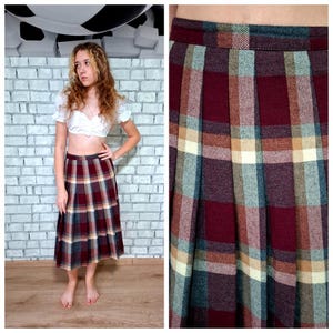 burgundy plaid skirt tartan skirt M womens skirt Vintage wool skirt Circle skirt Warm winter skirt pleated skirt midi skirt