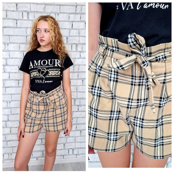 Short tartan short rouge a carreaux short rouge blanc short plisse pour femme bermuda des annees 90 vetements femme short d ete XL short de plage Etsy France