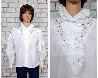 Victorian Clothing Victorian Blouse M Vintage Victorian style shirt Edwardian White Blouse L womens blouse Edwardian shirt White lace Blouse