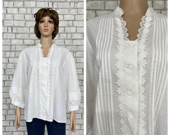 white lace blouse XL white blouse puffy sleeve blouse Victorian Clothing Victorian Blouse  Victorian style Edwardian Blouse formal blouse