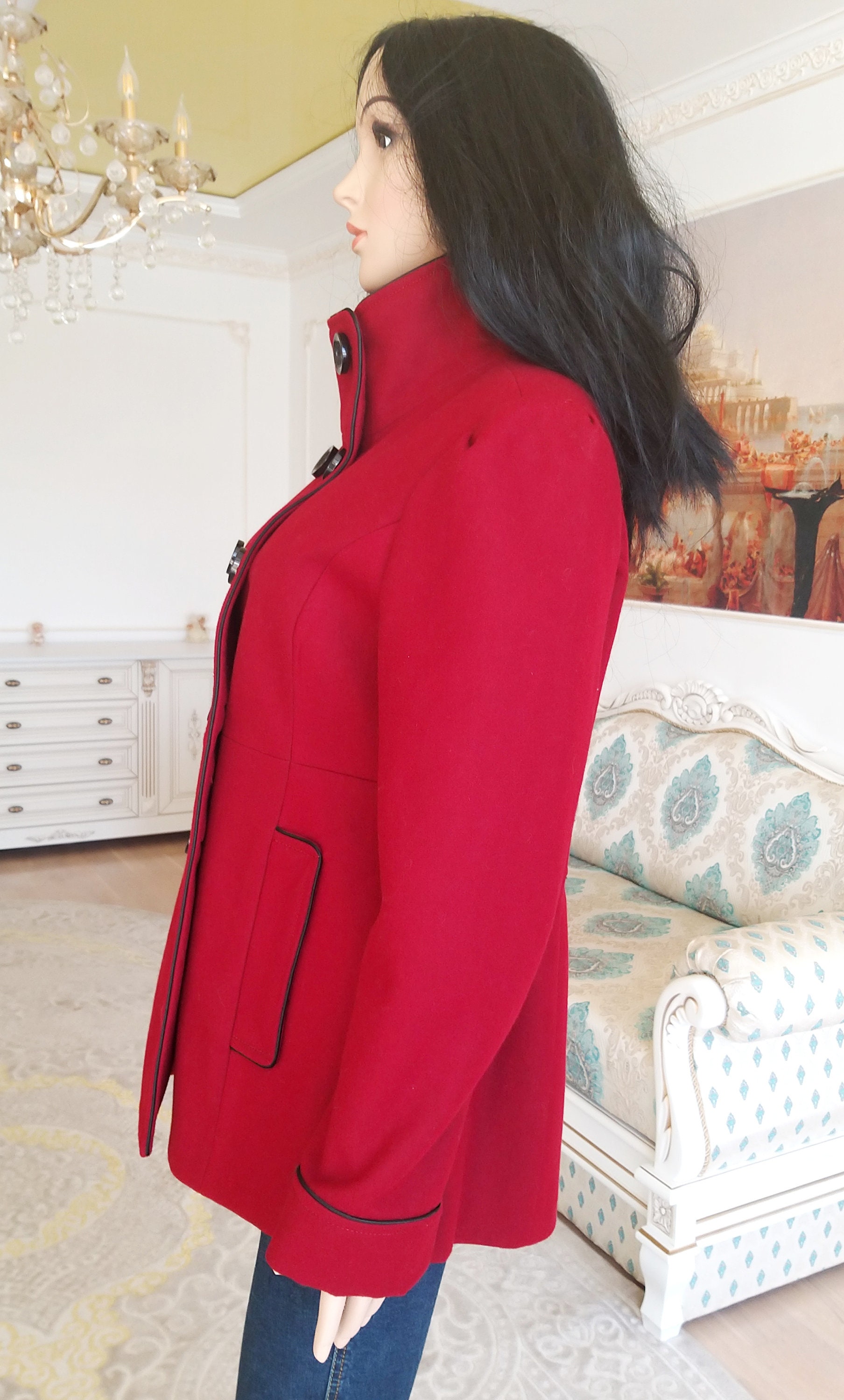 Double-Breasted Cropped Coat with Belted Collar - Burgundy main image 1