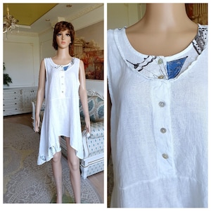 white linen dress  L  womens dress white sundress white dress boho dress Asymmetrical dress summer dress eyelet dress beach dress