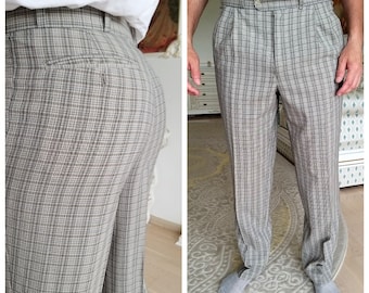 Mens  gray Pants Retro Pants Mens Pants Checkered Pants Plaid Pants Vintage pleated Pants Golf Pants XL plaid bottom plaid Trousers