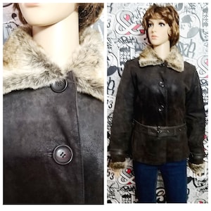 brown Leather Clothing womens  jacket 80s womens Leather jacket Crop jacket Faux fur collar jacket M brown suede jacket