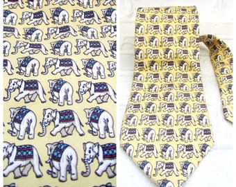 silk tie silk necktie  animal print animal Necktie elephant print tie vintage elephant tie Mens tie elephant Necktie yellow tie