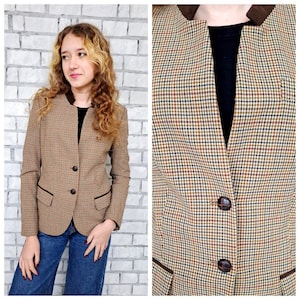 Blazer da donna S Giacca a spina di pesce Giacca da donna Blazer in tweed scozzese Giacca marrone Blazer marrone Giacca da equitazione da sera scozzese Blazer aderente
