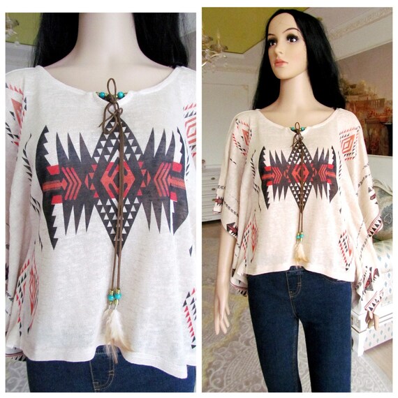 beige kimono vintage Aztec Print top boho top afr