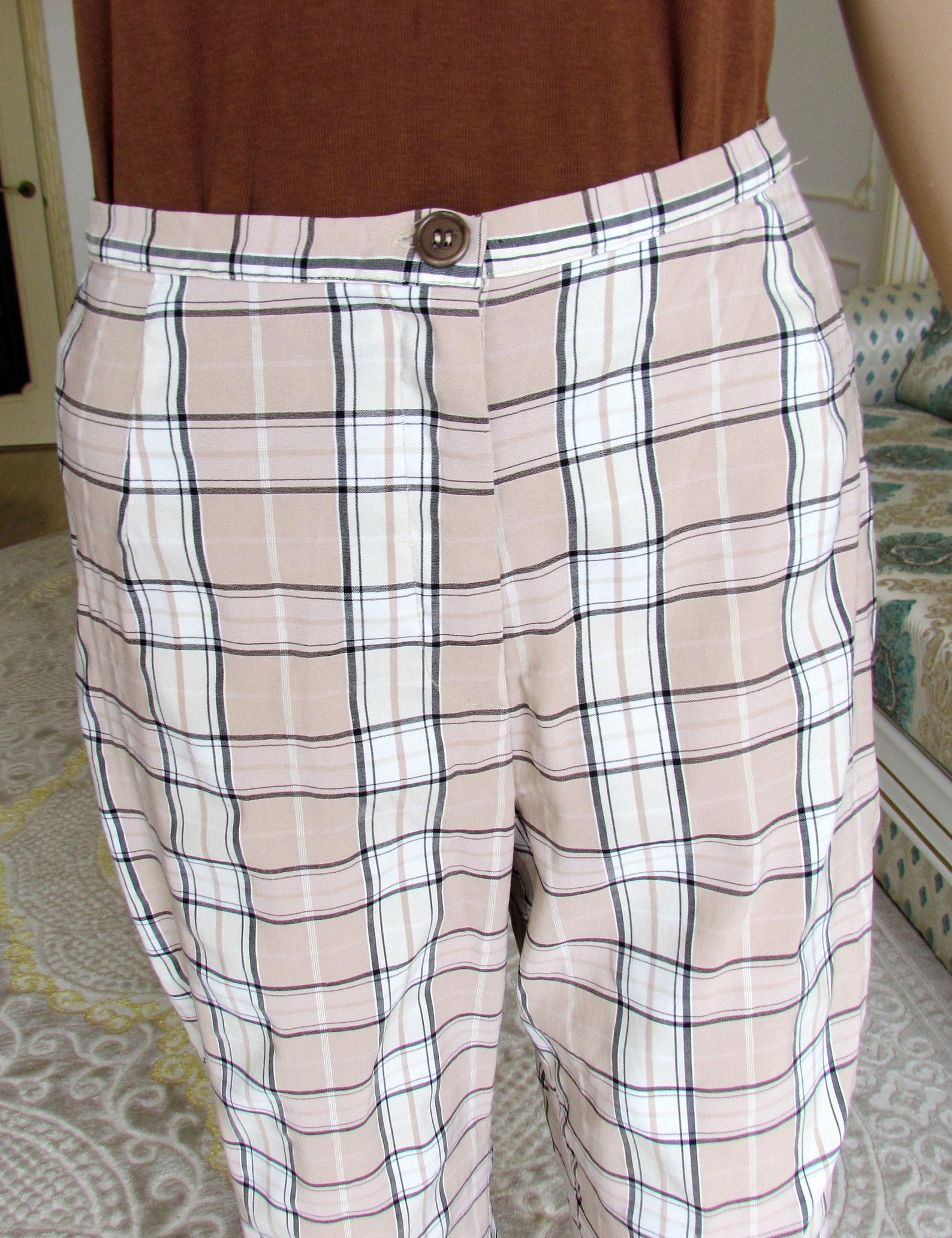 Chino Capri Pants Womens Plaid Pants Brown Plaid Pants Retro Etsy