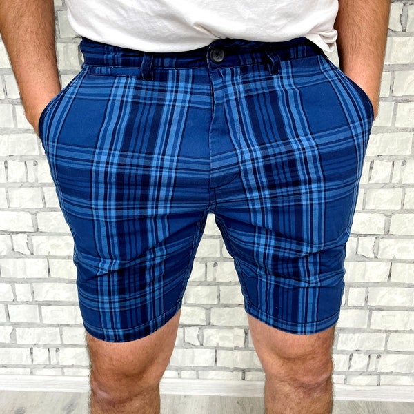 blue plaid shorts  men's Clothing mens shorts Vintage mens Retro Shorts Checkered shorts mens golf shorts Tartan shorts XL